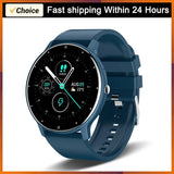 Blue silicone band smartwatch with black case showing fitness metrics on digital display