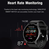 Smartwatch feature icons showing heart rate monitoring, weather, calls, and health tracking