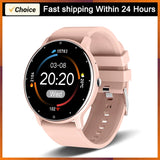 Pink silicone band smartwatch displayed beside matching black smartwatch with gift box