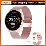 Pink silicone band smartwatch with black bezel showing digital fitness tracking screen
