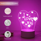 Graphic showing heart night light with included USB cable, base and accessory parts