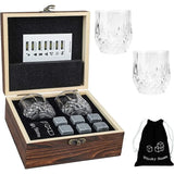 Open wood gift box with two cut glass tumblers, granite whiskey stones and velvet pouch