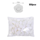 Pack of 100 white foam roses shown with single rose and size reference