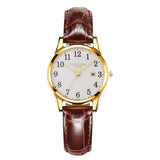Gold case women's watch with white numeral dial and brown leather strap