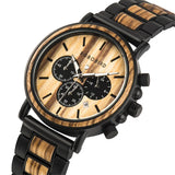 Wood watch with cream chronograph dial, dark bezel and two-tone wooden bracelet