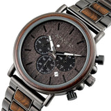 Two-tone wood chronograph watch with grey dial and mixed light and dark bracelet