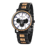 Dark wood chronograph watch with white dial and steel and wood bracelet