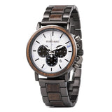 Wood and steel chronograph watch with white dial and silver accents