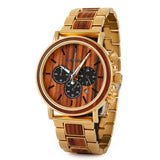 Light zebra wood chronograph watch with brown dial and wooden link bracelet