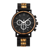 Dark wood chronograph watch with black dial, white sub-dials and wood bracelet