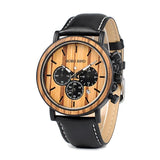 Wooden chronograph watch with cream dial and brown leather strap