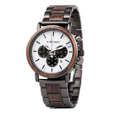 Wooden chronograph watch with cream dial and mixed wood and steel bracelet