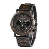 Dark two-tone wooden chronograph watch with cream dial at an angle