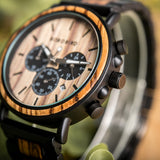 Dark and light two-tone wooden chronograph watch with cream sub-dial dial