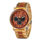 Red sandalwood chronograph watch with cream dial and two-tone wood bracelet