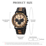 Wooden chronograph watch shown with case diameter and band width measurements