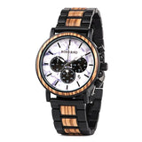 Two-tone wooden chronograph watch with white dial and wood link bracelet