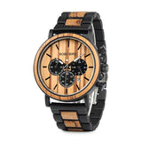 Zebra wood chronograph watch with cream dial and light wood link bracelet