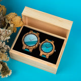Matching bamboo couple watches with turquoise dials in a wood gift box