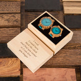 His and hers bamboo watches with turquoise dials in an engraved wood gift box