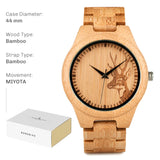 Light bamboo wood watch with pale dial and bamboo link bracelet, spec card layout