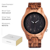 Light bamboo wood watch with pale dial and bamboo link bracelet, spec card layout