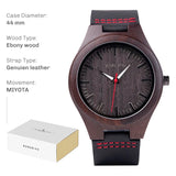 Light bamboo wood watch with pale dial and teal leather strap, spec card layout