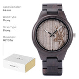 Dark wood watch with grey dial and matching wood bracelet, spec card layout