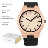 Dark ebony wood watch with brown dial and leather strap, spec card layout