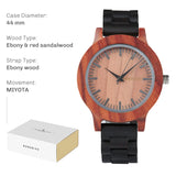 Ebony wood watch with silver dial and steel link bracelet, spec card layout