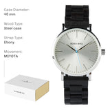 Zebra wood watch with striped grain dial and wooden link bracelet, spec card layout