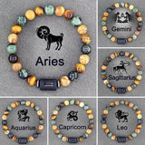 Natural stone bead bracelets with zodiac charms labelled Aries, Gemini, Sagittarius, Aquarius, Capricorn and Leo