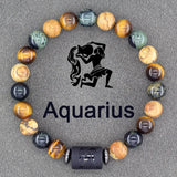 Multicolour natural stone bead bracelet with Aquarius zodiac charm on grey