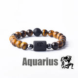 Tiger eye bead bracelet with Aquarius zodiac symbol bar charm