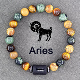 Multicolour natural stone bead bracelet with Aries zodiac charm on grey