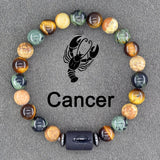 Multicolour natural stone bead bracelet with Cancer zodiac charm on dark background