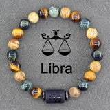 Multicolour natural stone bead bracelet with Libra zodiac bar charm