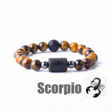 Tiger eye bead bracelet with Scorpio zodiac symbol bar charm