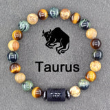 Multicolour natural stone bead bracelet with Taurus zodiac bar charm