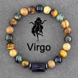 Multicolour natural stone bead bracelet with Virgo zodiac charm on grey