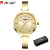 CURREN gold ultra thin women's watch shown beside its branded gift box