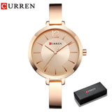CURREN rose gold slim women's watch with sunray dial shown with gift box