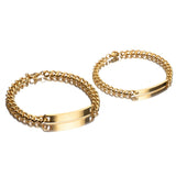 Matching gold engravable ID bar bracelets shown as a two piece set