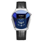 Black angular HOURSLY watch with blue dial and black strap on white background