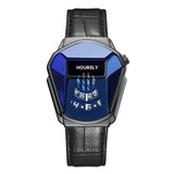 Black angular HOURSLY watch with blue dial and black leather strap