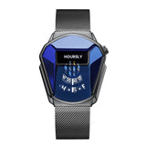 Black angular HOURSLY watch with blue dial and black mesh bracelet
