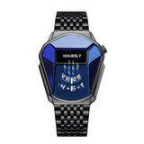 Black HOURSLY watch with angular blue dial and black steel link bracelet