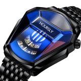 Close view of angular blue watch dial showing faceted glass and brand marking