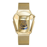 Gold angular HOURSLY watch with blue dial and gold mesh bracelet at an angle