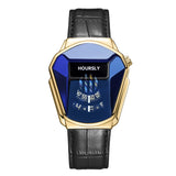 Gold angular HOURSLY watch with blue dial and black leather strap